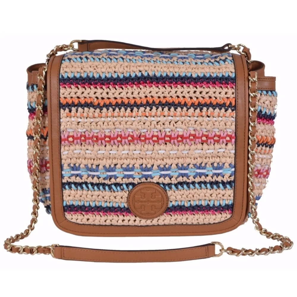 Tory Burch straw and multicolor leather handbag with gold chain accent detail.